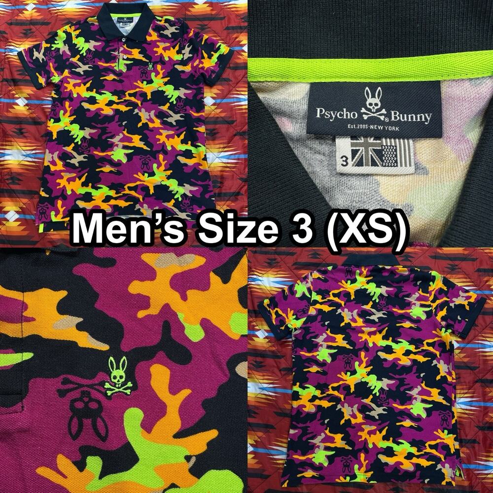 Psycho Bunny Polo Shirt Men’s Sz 3 (XS) Multicolor Camo Skull Bunny Graphic Logo